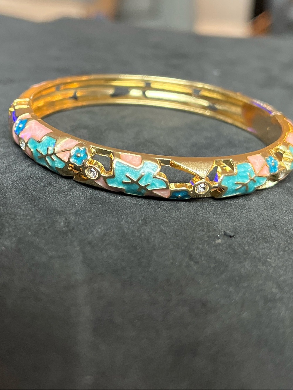 Gold-Tone Floral Enamel Bangle Bracelet in Turquoise & Pink